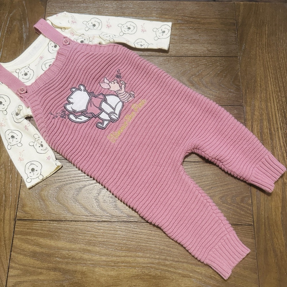 Disney Baby Winnie the Pooh & Piglet Pink Knit Overalls & Bodysuit 3-6 mo